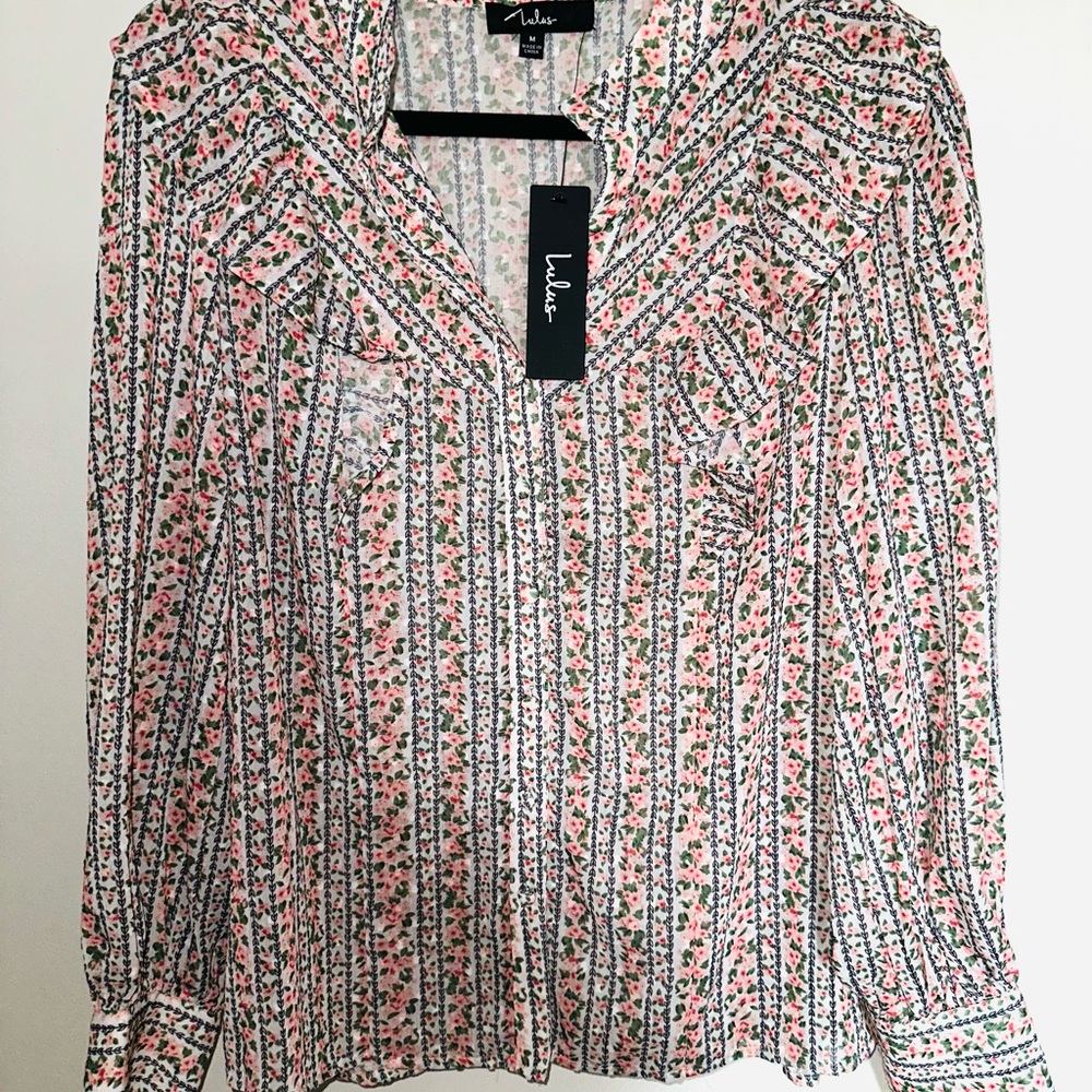 Lulu's Multicolor Floral Striped Blouse - Picture 1 of 6
